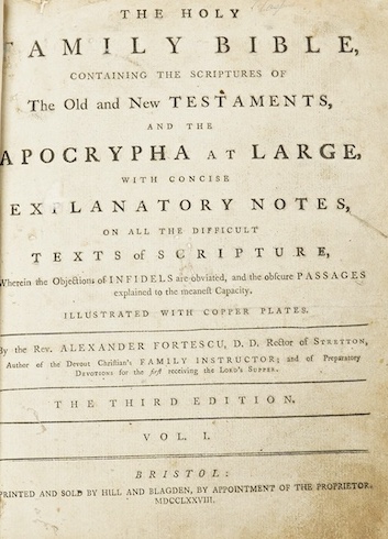 [BIBLE] The Holy Family Bible ... with concise explanatory notes ... by The Rev. Alexander Fortestcu. 3rd edition, 2 vols (in one). engraved plates, old mottled calf, panelled spine and red label, cover bosses and with c